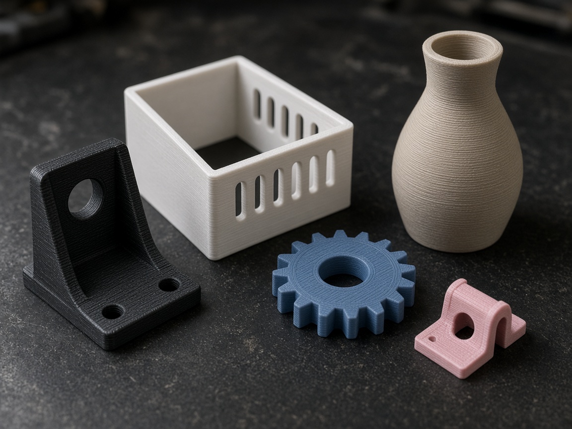 Fertige 3D-Drucke: Winkel, Gehäuse, Zahnrad, Vase und kleines Verbindungsstück