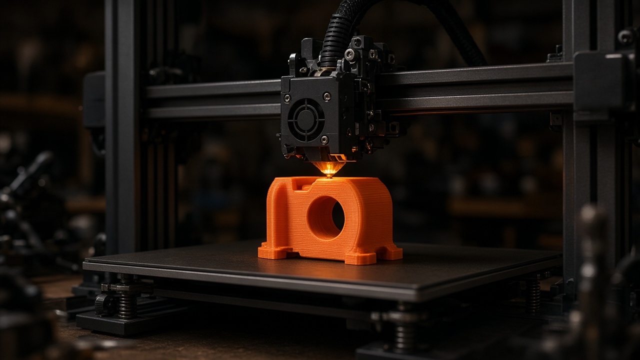 3D-Drucker fertigt ein oranges Bauteil auf der Druckplatte